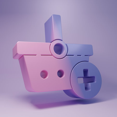 Purple Add to Shopping basket icon isolated on purple background. Online buying concept. Delivery service. Supermarket basket symbol. Minimalism concept. 3D render illustration.の写真素材