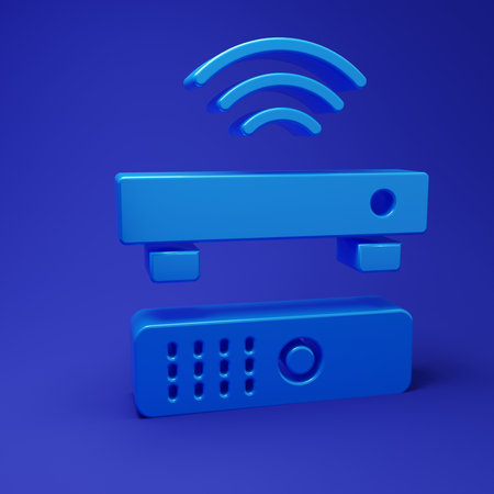 Blue Wireless multimedia and TV box receiver and player with remote controller icon isolated on blue background. Minimalism concept. 3D render illustration.の写真素材