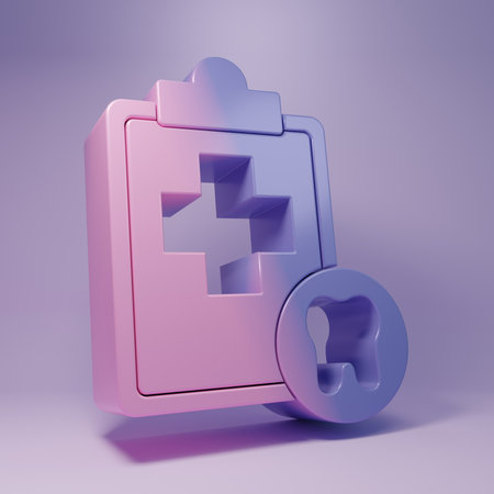 Purple Clipboard with dental card or patient medical records icon isolated on purple background. Dental insurance. Dental clinic report. Minimalism concept. 3D render illustration.の写真素材