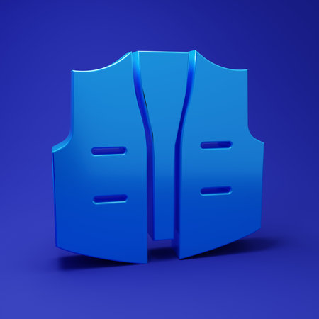 Blue Fishing jacket icon isolated on blue background. Fishing vest. Minimalism concept. 3D render illustration.の写真素材