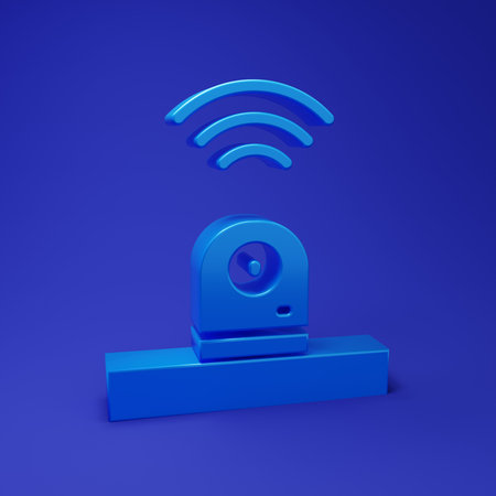 Blue Smart security camera icon isolated on blue background. Internet of things concept with wireless connection. Minimalism concept. 3D render illustration.の写真素材