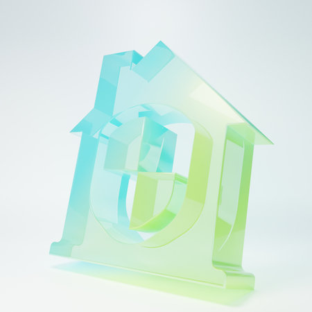Frosted glass House under protection icon isolated on white background. Home and shield. Protection, safety, security, protect, defense concept. Minimalism concept. 3D render illustration.の写真素材