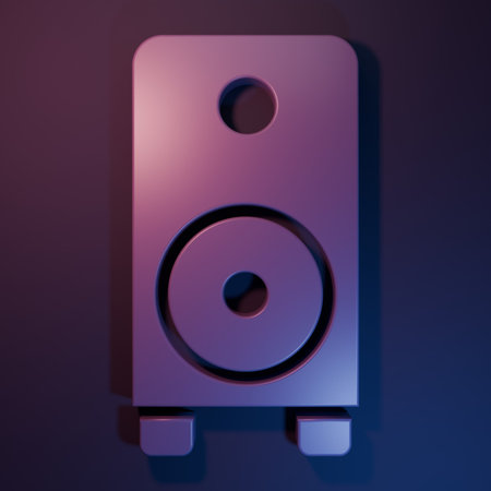 Purple Stereo speaker icon isolated on purple-blue background. Sound system speakers. Music icon. Musical column speaker bass equipment. Minimalism concept. 3D render illustration.の写真素材