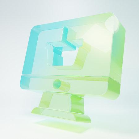 Frosted glass Computer monitor with shopping basket icon isolated on white background. Online Shopping cart. Supermarket basket symbol. Minimalism concept. 3D render illustration.の写真素材