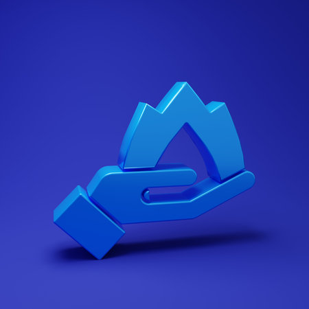 Blue Hand holding a fire icon isolated on blue background. Insurance concept. Security, safety, protection, protect concept. Minimalism concept. 3D render illustration.の写真素材