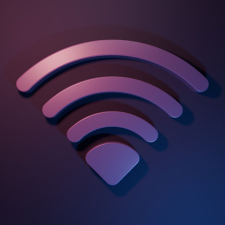 Purple Wi-Fi wireless internet network symbol icon isolated on purple-blue background. Minimalism concept. 3D render illustration.の写真素材
