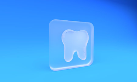 Frosted glass Tooth icon isolated on blue background. Tooth symbol for dentistry clinic or dentist medical center and toothpaste package. Square frosted glass button. 3D render illustration.の写真素材