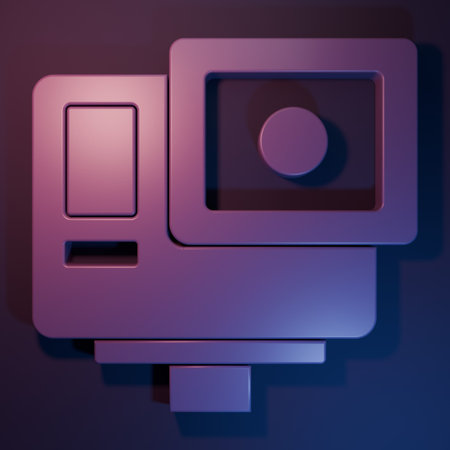 Purple Action extreme camera icon isolated on purple-blue background. Video camera equipment for filming extreme sports. Minimalism concept. 3D render illustration.の写真素材