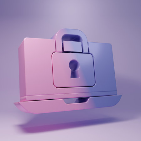Purple Laptop and lock icon isolated on purple background. Computer and padlock. Security, safety, protection concept. Safe internetwork. Minimalism concept. 3D render illustration.の写真素材