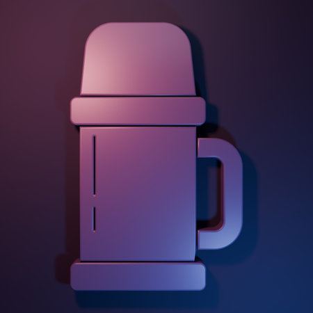 Purple Thermos container icon isolated on purple-blue background. Thermo flask icon. Camping and hiking equipment. Minimalism concept. 3D render illustration.の写真素材