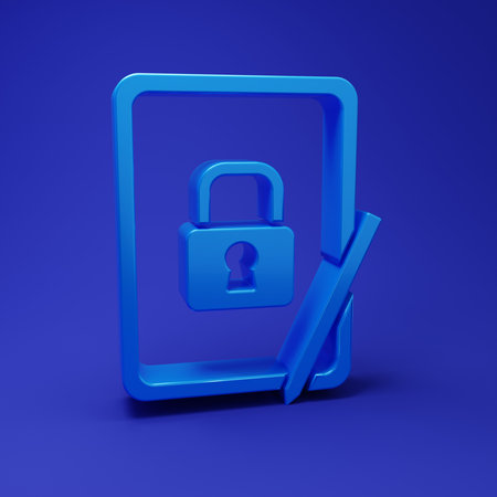 Blue Graphic tablet with closed padlock icon isolated on blue background. Phone with lock. Mobile security, safety, protection concept. Minimalism concept. 3D render illustration.の写真素材