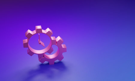 Pink Time Management icon isolated on purple-blue background. Clock and gear sign. Productivity symbol. Minimalism concept. 3D render illustration.の写真素材