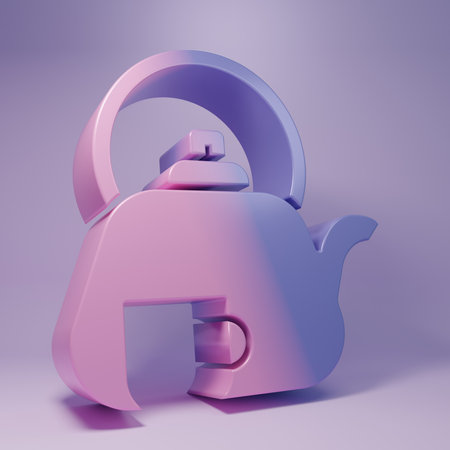 Purple Traditional tea ceremony icon isolated on purple background. Teapot with cup. Minimalism concept. 3D render illustration.の写真素材