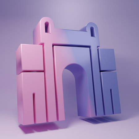 Purple India Gate in New Delhi, India icon isolated on purple background. Gate way of India Mumbai. Minimalism concept. 3D render illustration.の写真素材