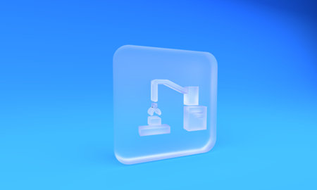 Frosted glass industrial machine robotic robot arm hand factory icon isolated on blue background. Industrial robot manipulator. Square frosted glass button. 3D render illustration.の写真素材