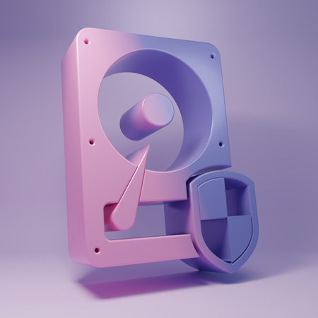 Purple Hard disk drive HDD protection icon isolated on purple background. Minimalism concept. 3D render illustration.の写真素材