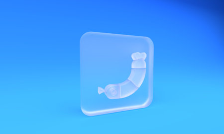 Frosted glass Shrimp icon isolated on blue background. Square frosted glass button. 3D render illustration.の写真素材