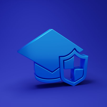 Blue Graduation cap with shield icon isolated on blue background. Security, safety, protection, protect concept. Minimalism concept. 3D render illustration.の写真素材