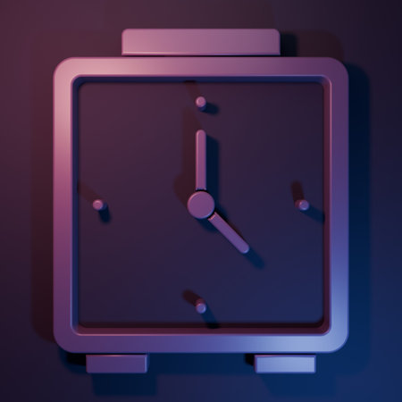 Purple Alarm clock icon isolated on purple-blue background. Wake up, get up concept. Time sign. Minimalism concept. 3D render illustration.の写真素材