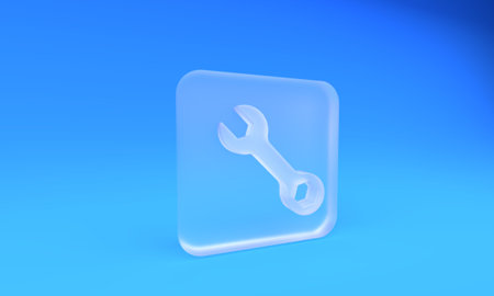 Frosted glass Wrench spanner icon isolated on blue background. Square frosted glass button. 3D render illustration.の写真素材