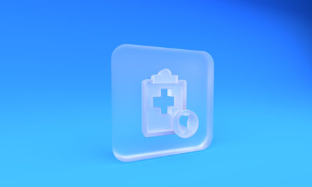 Frosted glass Clipboard with dental card or patient medical records icon isolated on blue background. Dental insurance. Dental clinic report. Square frosted glass button. 3D render illustration.の写真素材