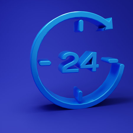 Blue Clock 24 hours icon isolated on blue background. All day cyclic icon. 24 hours service symbol. Minimalism concept. 3D render illustration.の写真素材