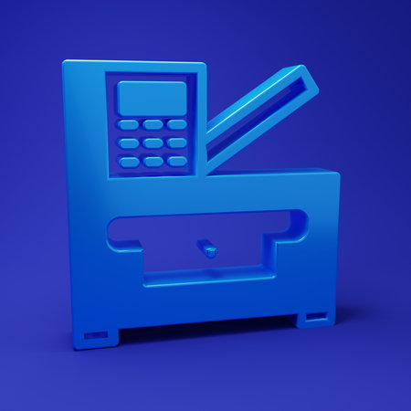 Blue Office multifunction printer copy machine icon isolated on blue background. Minimalism concept. 3D render illustration.の写真素材