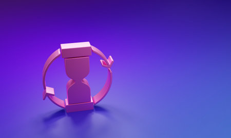 Pink Old hourglass with flowing sand icon isolated on purple-blue background. Sand clock sign. Business and time management concept. Minimalism concept. 3D render illustration.の写真素材