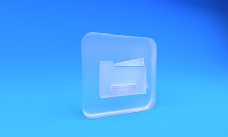 Frosted glass Printer icon isolated on blue background. Square frosted glass button. 3D render illustration.の写真素材