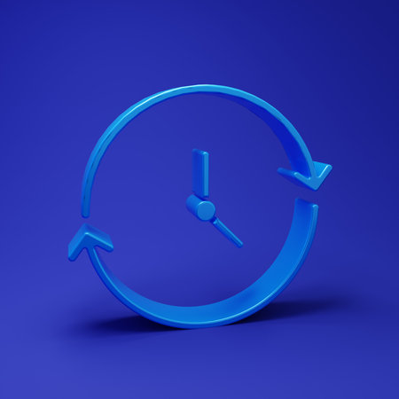 Blue Clock icon isolated on blue background. Time symbol. Minimalism concept. 3D render illustration.の写真素材