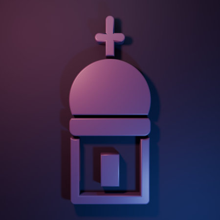 Purple Christian church tower icon isolated on purple-blue background. Religion of church. Minimalism concept. 3D render illustration.の写真素材