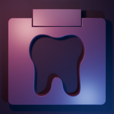 Purple X-ray of tooth icon isolated on purple-blue background. Dental x-ray. Radiology image. Minimalism concept. 3D render illustration.の写真素材