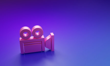 Pink Cinema camera icon isolated on purple-blue background. Video camera. Movie sign. Film projector. Minimalism concept. 3D render illustration.の写真素材