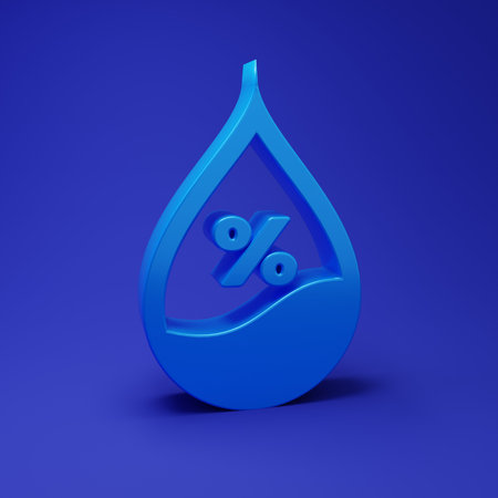 Blue Water drop percentage icon isolated on blue background. Humidity analysis. Minimalism concept. 3D render illustration.の写真素材