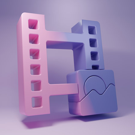 Purple Play Video icon isolated on purple background. Film strip sign. Minimalism concept. 3D render illustration.の写真素材