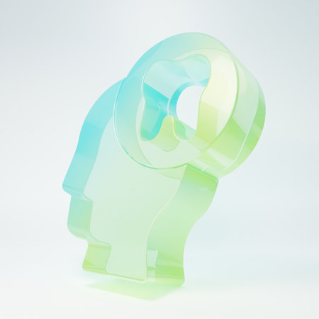 Frosted glass human head with tooth icon isolated on white background. Tooth symbol for dentistry clinic or dentist medical center and toothpaste package. Minimalism concept. 3D render illustration.の写真素材
