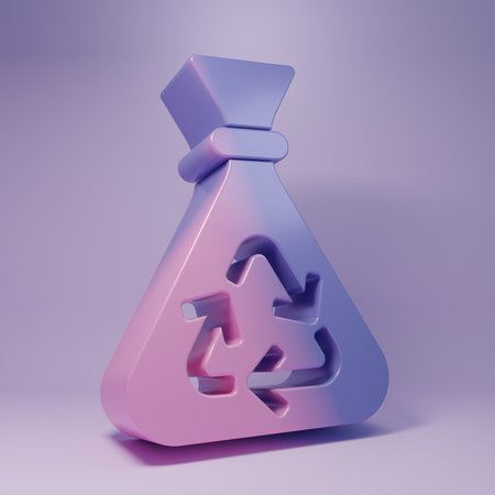 Purple Garbage bag with recycle symbol icon isolated on purple background. Trash can icon. Recycle basket sign. Minimalism concept. 3D render illustration.の写真素材