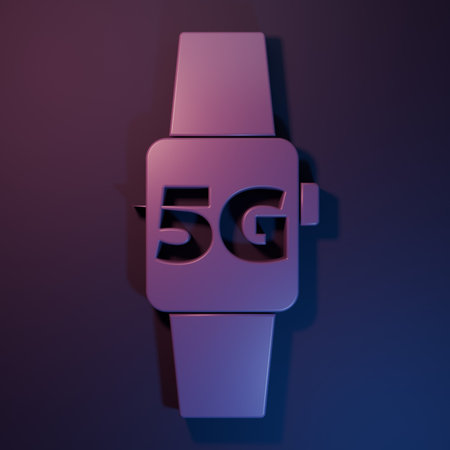 Purple Smart watch 5G new wireless internet wifi icon isolated on purple-blue background. Global network high speed connection data rate technology. Minimalism concept. 3D render illustration.の写真素材