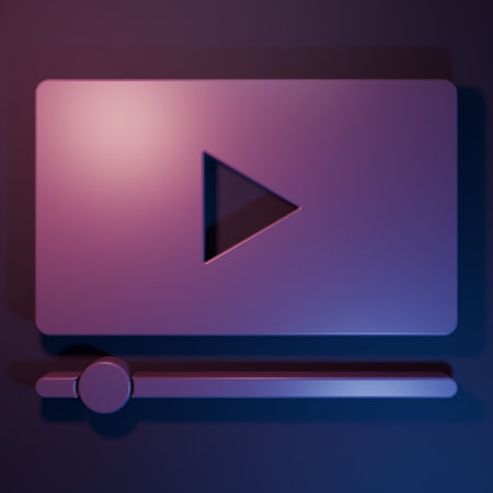 Purple Online play video icon isolated on purple-blue background. Film strip with play sign. Minimalism concept. 3D render illustration.の写真素材