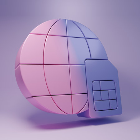 Purple Globe 5G Sim Card icon isolated on purple background. Mobile and wireless communication technologies. Network chip electronic connection. Minimalism concept. 3D render illustration.の写真素材