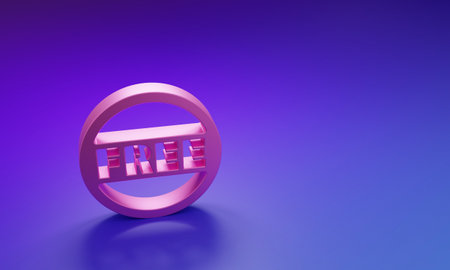 Pink Price tag with an inscription Free icon isolated on purple-blue background. Badge for price. Promo tag discount. Minimalism concept. 3D render illustration.の写真素材