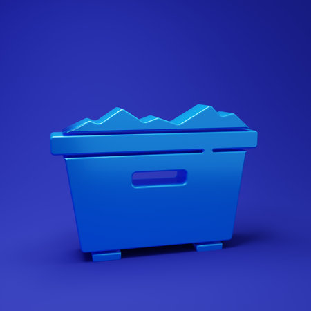 Blue Trash can icon isolated on blue background. Garbage bin sign. Recycle basket icon. Office trash icon. Minimalism concept. 3D render illustration.の写真素材