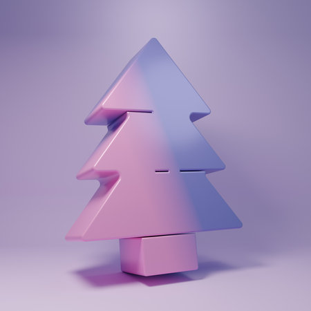 Purple Christmas tree icon isolated on purple background. Merry Christmas and Happy New Year. Minimalism concept. 3D render illustration.の写真素材