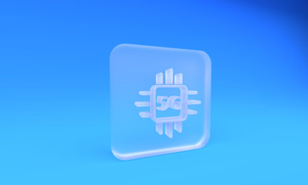 Frosted glass Computer processor 5G with microcircuits CPU icon isolated on blue background. Chip or cpu with circuit board. Micro processor. Square frosted glass button. 3D render illustration.の写真素材