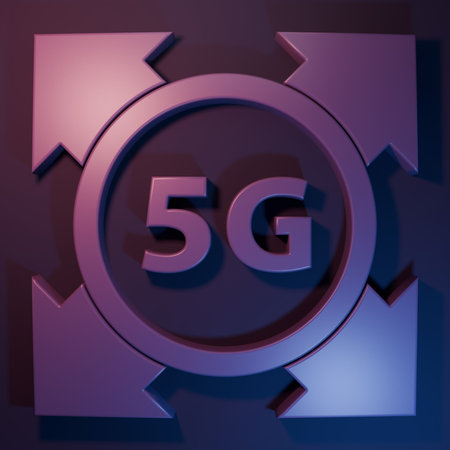 Purple 5G new wireless internet wifi connection icon isolated on purple-blue background. Global...