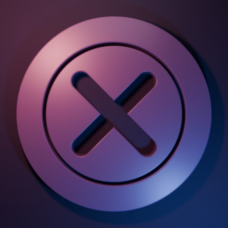 Purple X Mark, Cross in circle icon isolated on purple-blue background. Check cross mark icon. Minimalism concept. 3D render illustration.の写真素材