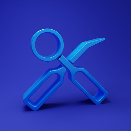 Blue Dental inspection mirror and explorer scaler icon isolated on blue background. Tool dental checkup. Minimalism concept. 3D render illustration.の写真素材