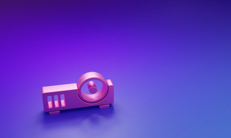 Pink Presentation, movie, film, media projector icon isolated on purple-blue background. Minimalism concept. 3D render illustration.の写真素材