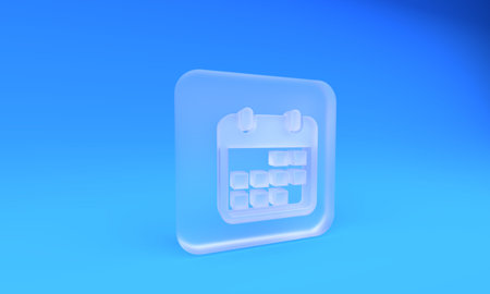 Frosted glass Calendar icon isolated on blue background. Square frosted glass button. 3D render illustration.の写真素材