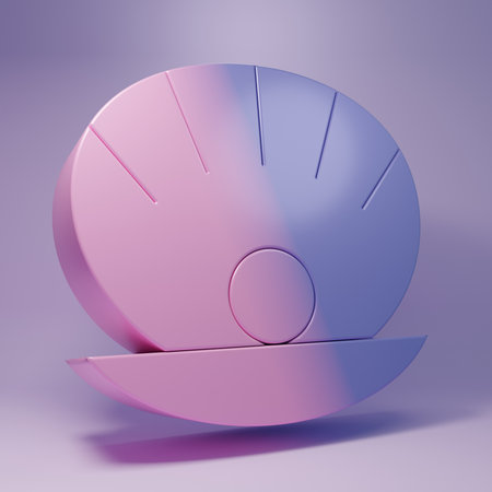 Purple Natural open shell with pearl icon isolated on purple background. Scallop sea shell. Seashell sign. Minimalism concept. 3D render illustration.の写真素材